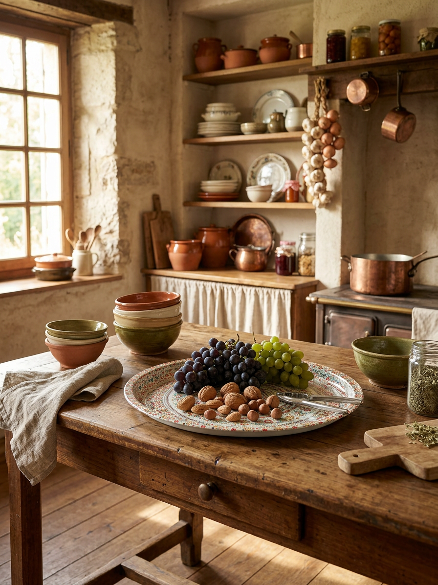 Decorative plate with chocolate and nuts on a wooden table in a cozy kitchen.