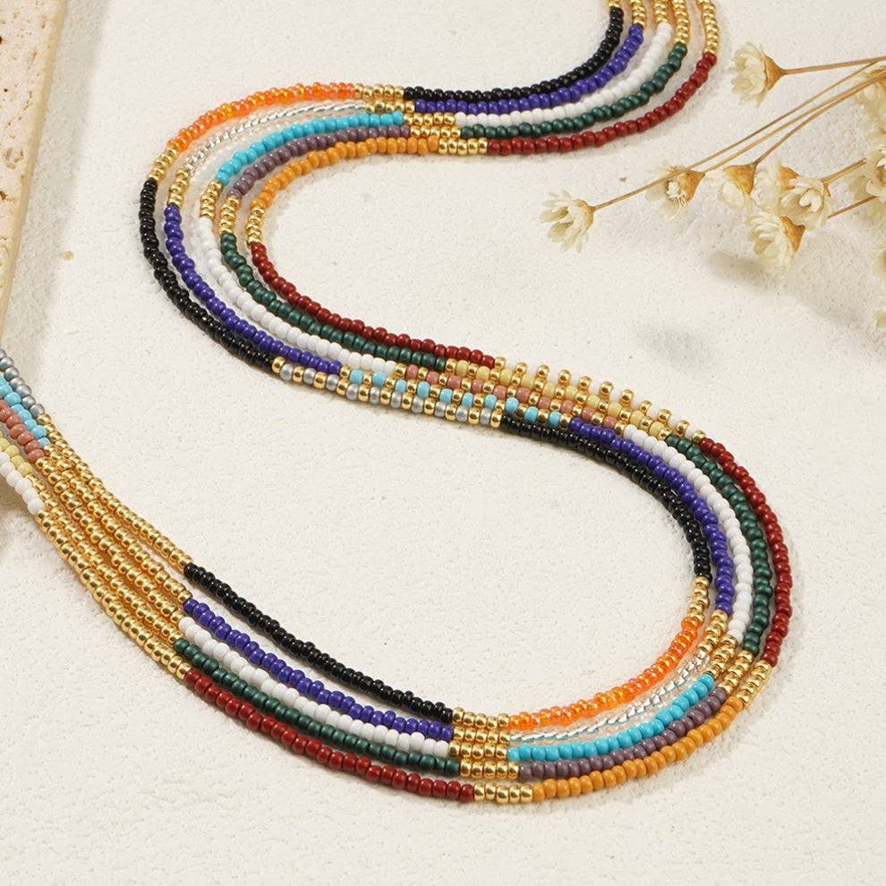 Boho Beaded Necklace, Multi Teal