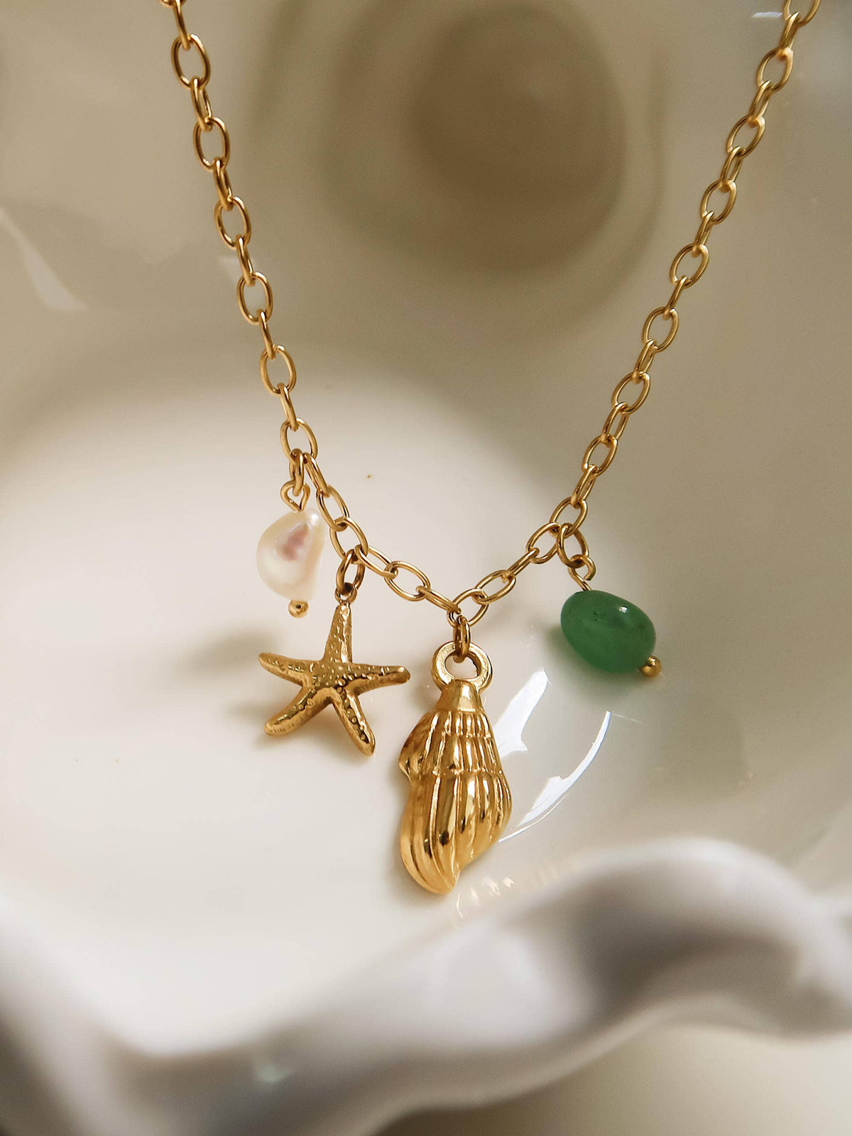 18K Gold Non-Tarnish Pearl and Shell Charm Necklace: Yellow Gold
