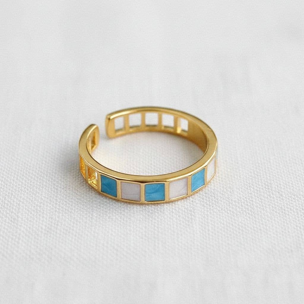 Vintage Enamel Blue Plaid Adjustable Ring