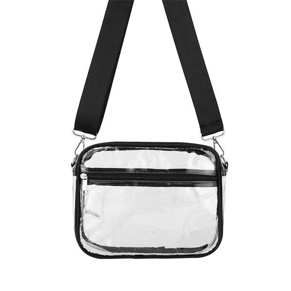 A clear plastic crossbody bag with a black adjustable shoulder strap and black trim, shown against a plain white background.