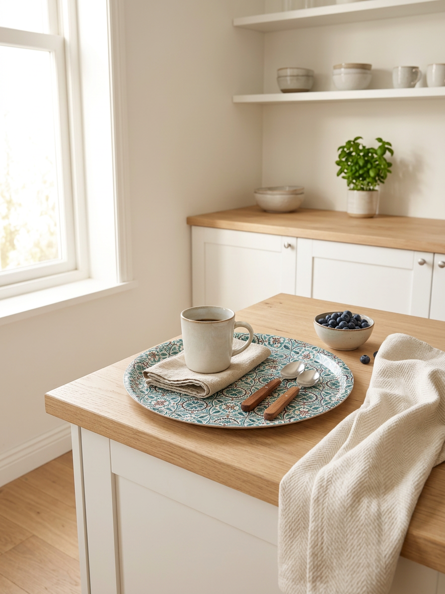 A round decorative tray with a blue and white floral pattern sits on a wooden windowsill in a cozy room setting. An open book and a pair of eyeglasses rest on the tray, alongside a small potted succulent and a gray ceramic mug.