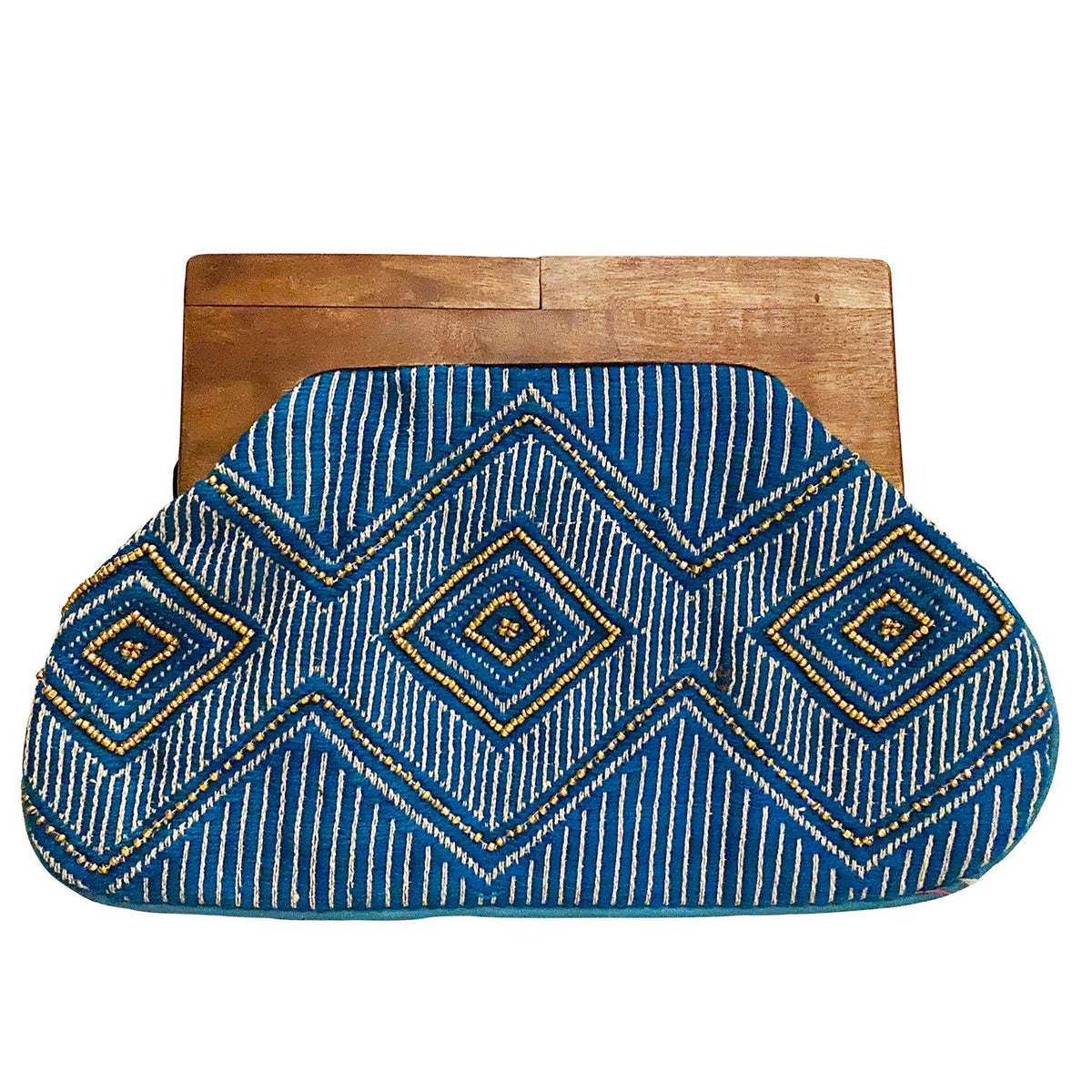 Beaded Clutch with Wooden Handle, Blue/Gold