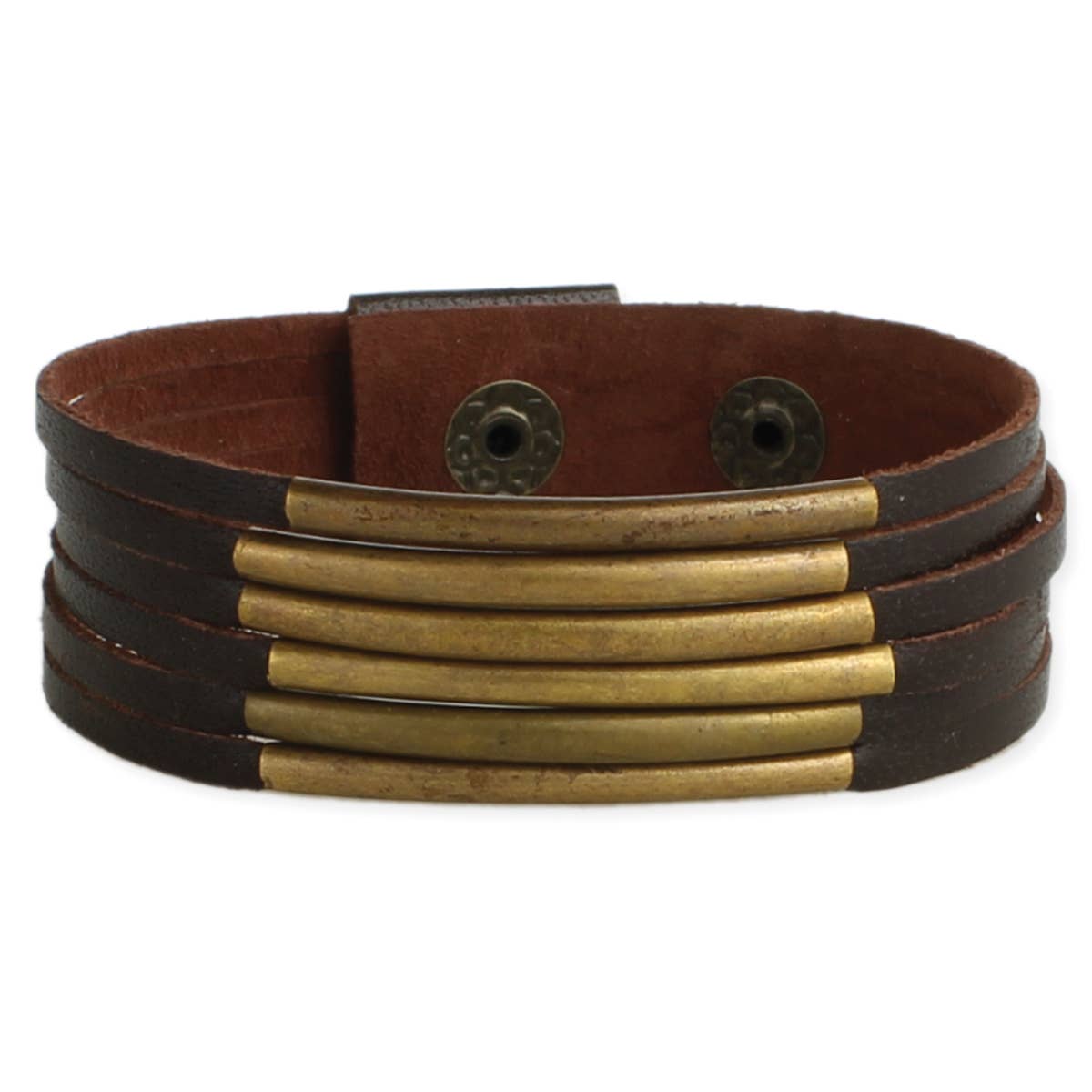 ZAD - 5 Line Brown Leather &amp; Gold Bars Bracelet