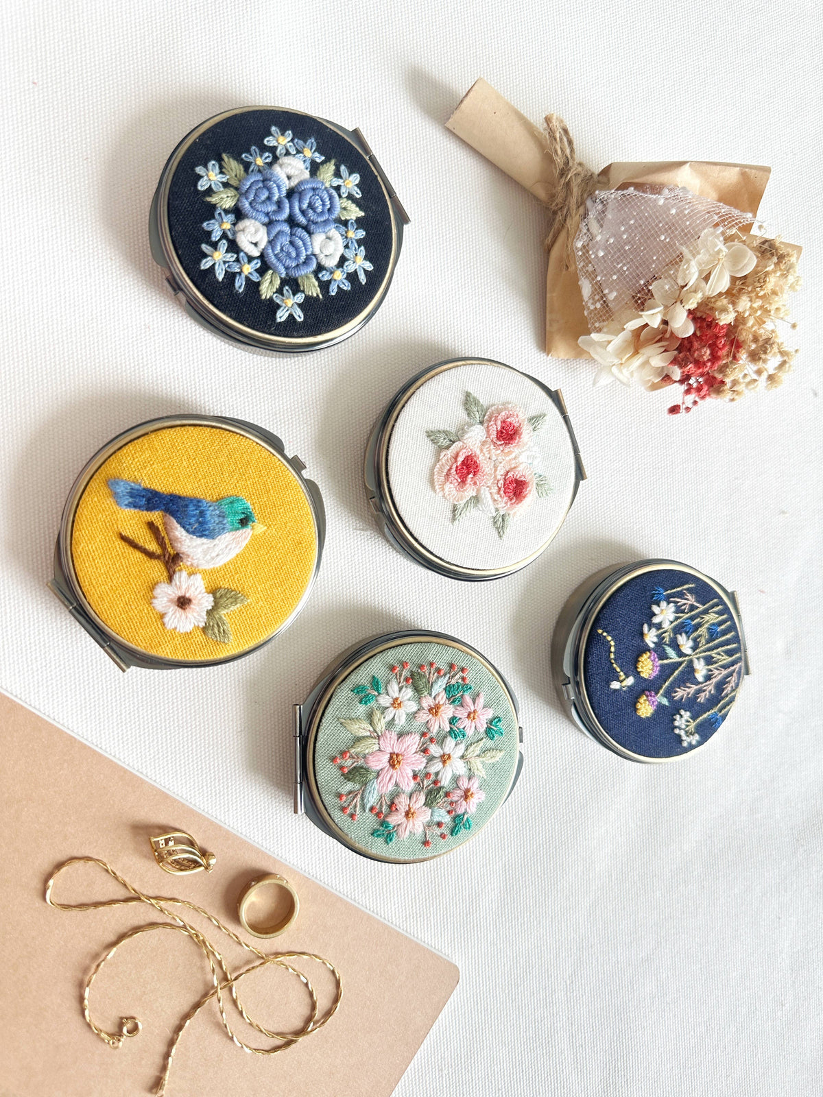 Floral Embroidered Round Jewelry Box With Mirror | Flower Garden