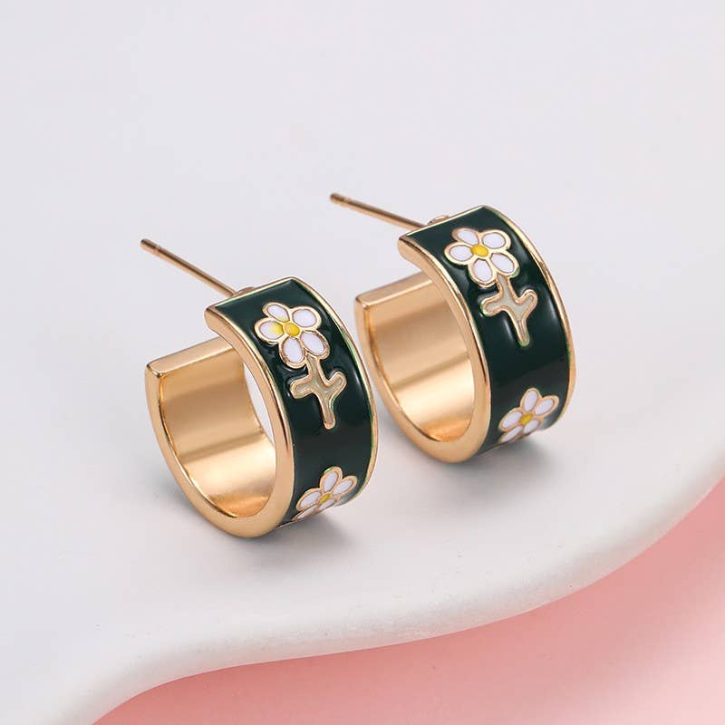 Cloisonne Aztec Huggie Hoop Earrings, Dark Green