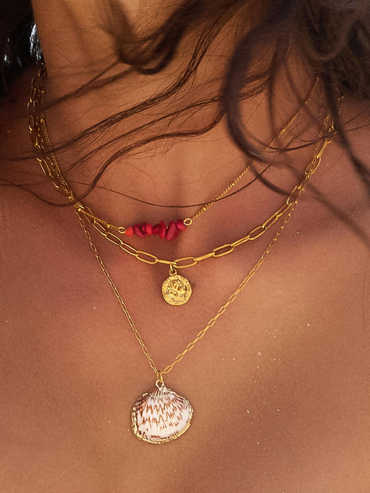 18K Gold Non-Tarnish Bobho Shell Layered Necklace: Multi-Colored