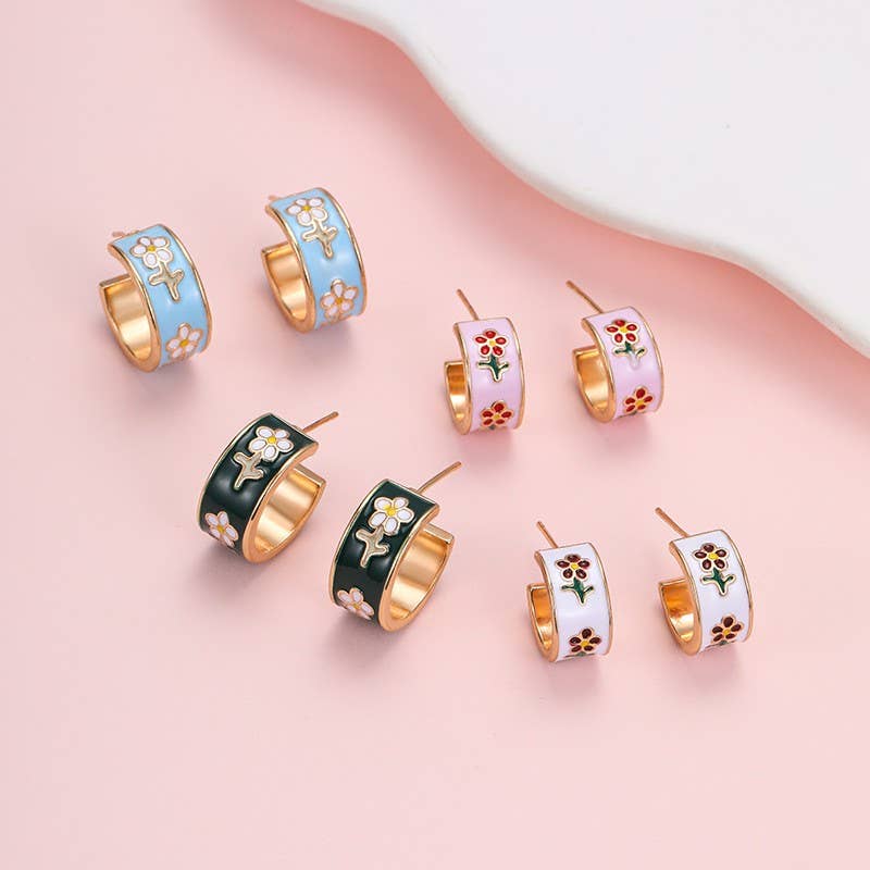 Cloisonne Aztec Huggie Hoop Earrings, Light Blue
