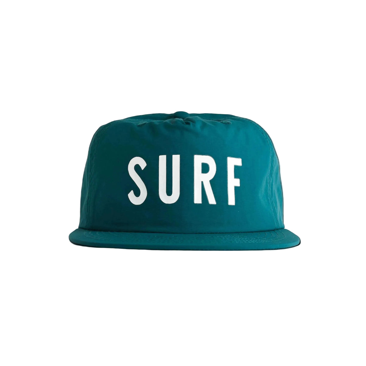 Teal cap with 'SURF' printed on it against a white background