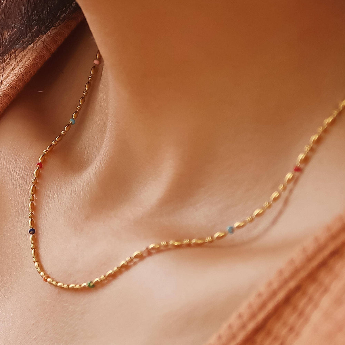 18K Gold Non-Tarnish Petite Beaded Necklace: Multi-Colored