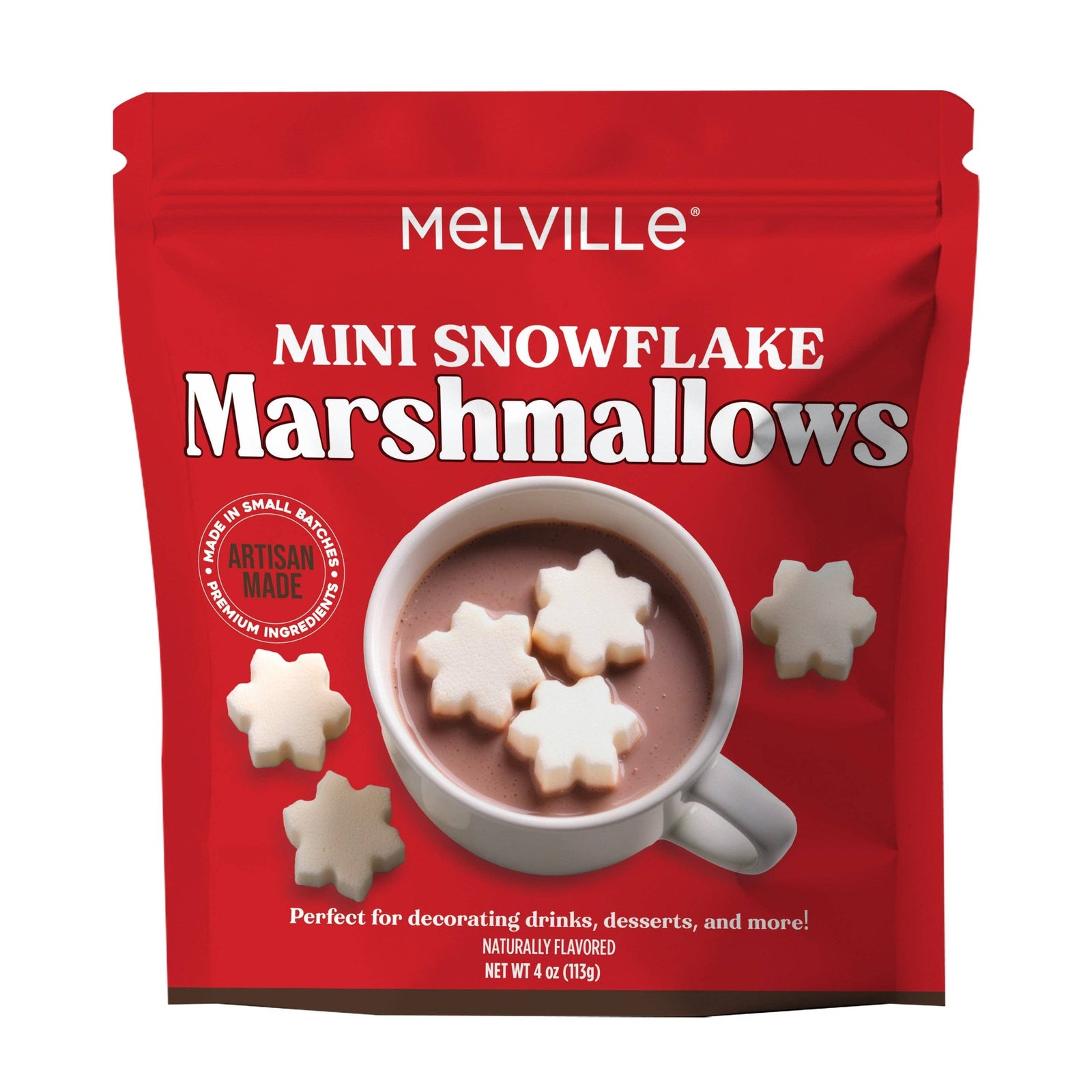 Red package of Melville Mini Snowflake Marshmallows with a cup of hot chocolate on a white background