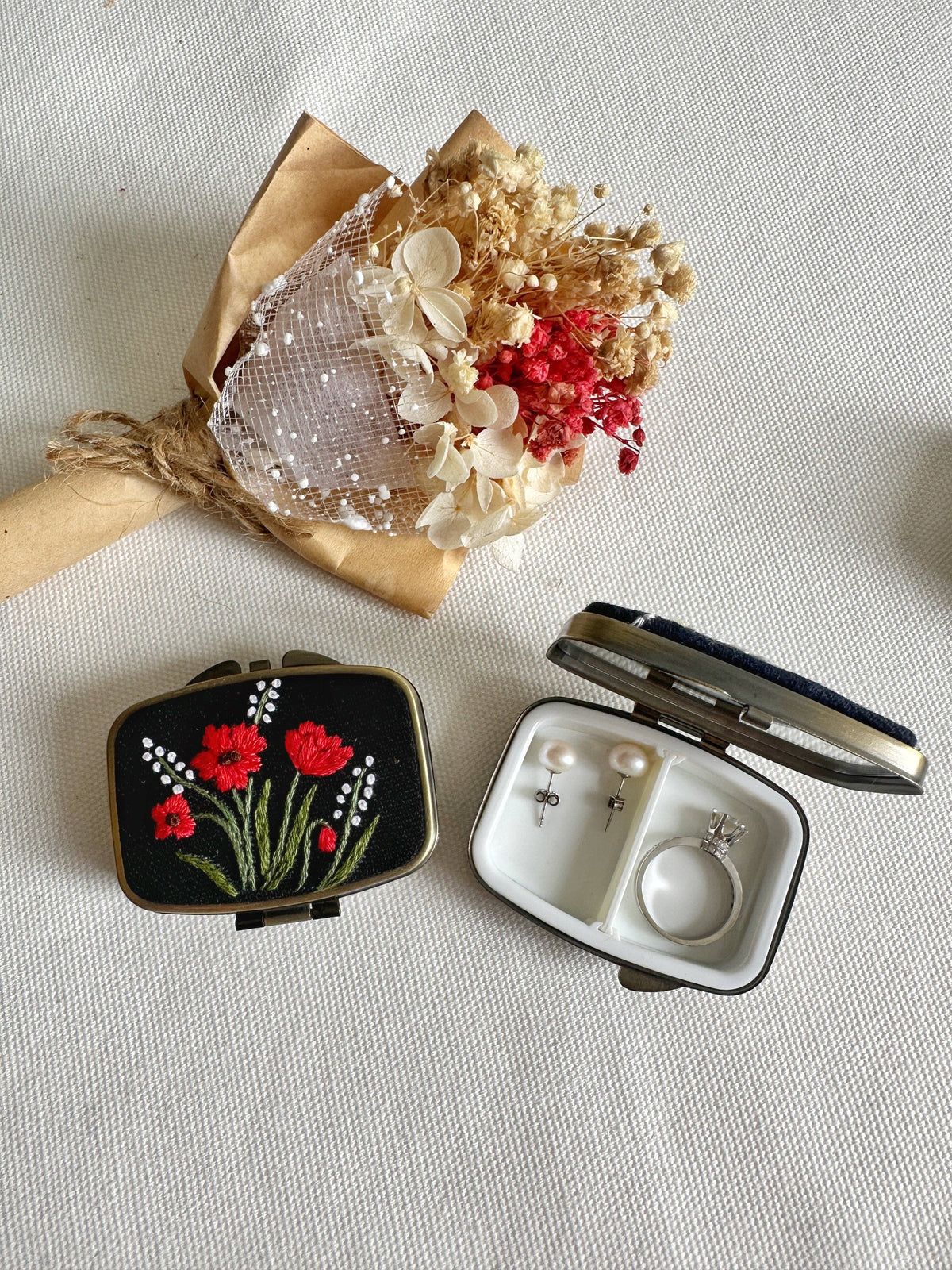 Floral Embroidered Rectangle Mini Jewelry Box With Mirror | Flower Garden