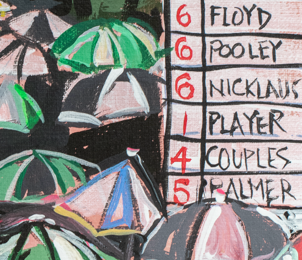 Framed artwork of a colorful scene with umbrellas and a scoreboard on a white wall.