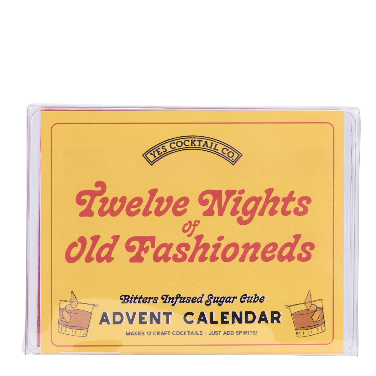Advent calendar for cocktail sugar cubes with a yellow and red design on a white background