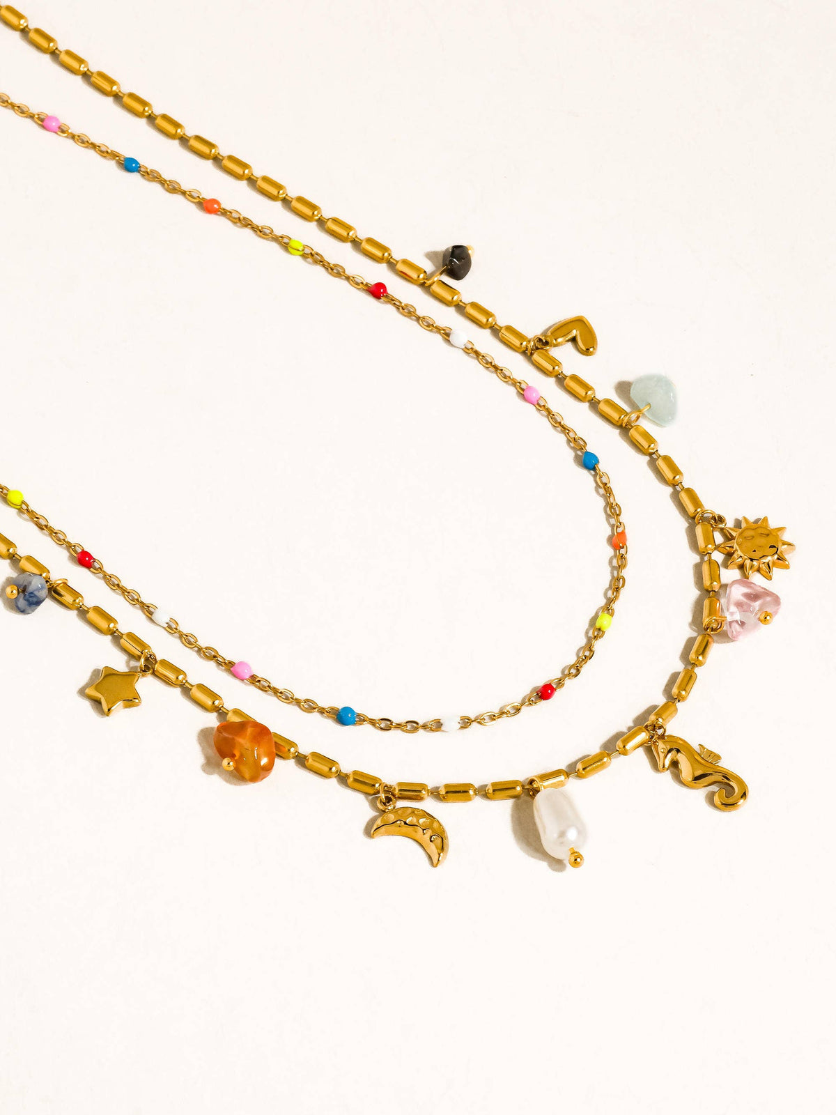 18K Gold Non-Tarnish Seahorse Charm Layered Necklace: Multi-Colored