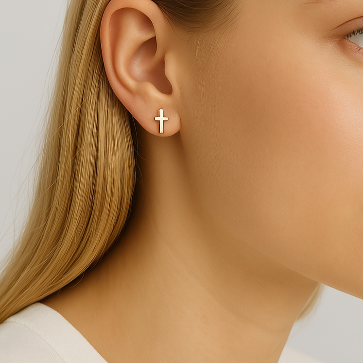 18K Gold PVD Stainless Steel Cross Stud Earrings: Stainless