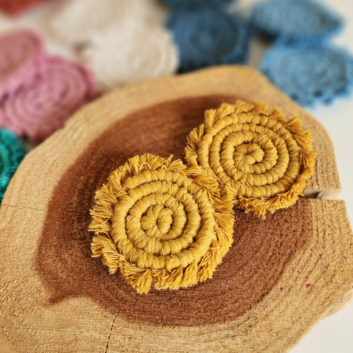 Macramé Car Coasters, Set of 2 in Sunshine Yellow &amp; Ocean Teal