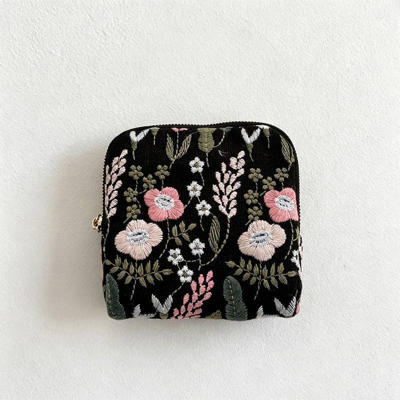Embroidered Cotton Linen Jewelry Pouch: Black & Floral