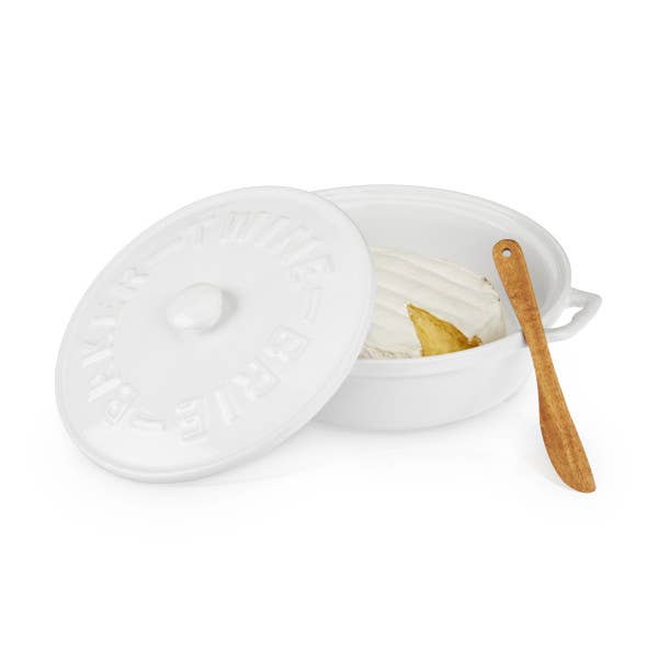 White Ceramic Brie Baker &amp; Lid w/ Acacia Spreader