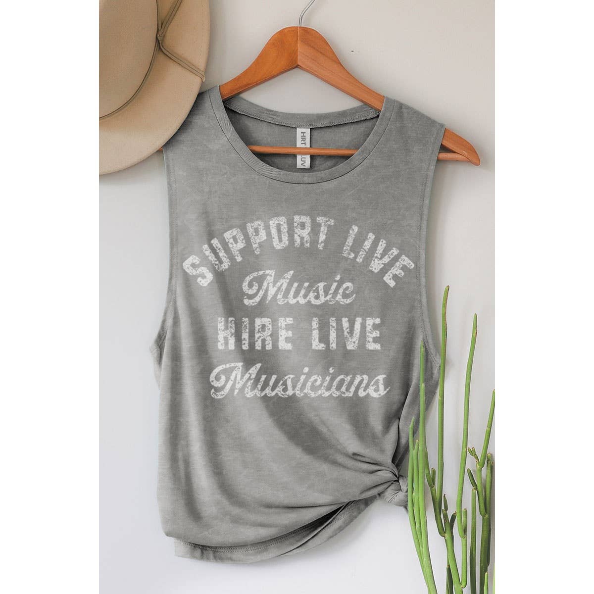 SUPPORT LIVE MUSIC GRAPHIC TANK TOP: Mineral Grey