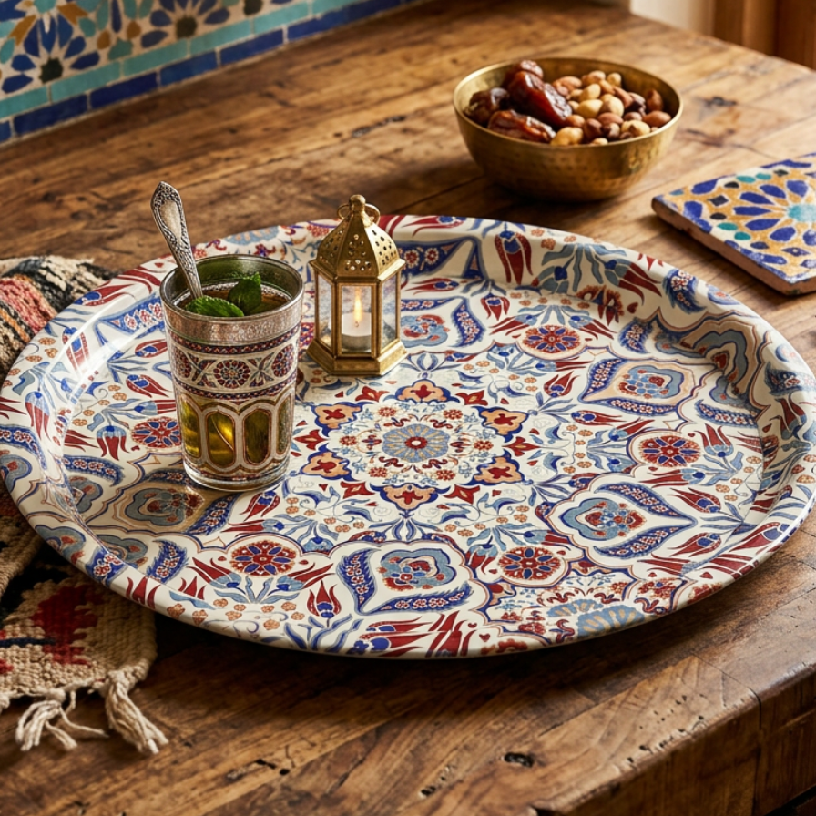A round Moroccan-style metal serving tray with an intricate multicolor geometric pattern, displayed on a rustic wooden table alongside a matching patterned cup, a brass lantern, and a small bowl of dates.
