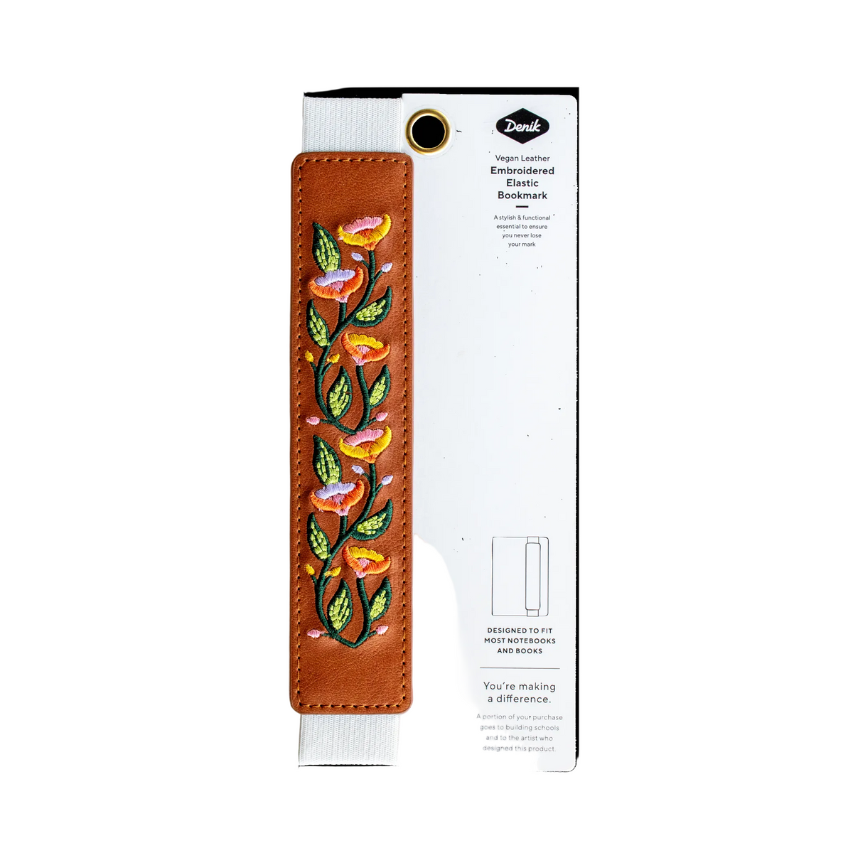 Embroidered leather bookmark with floral design on packaging