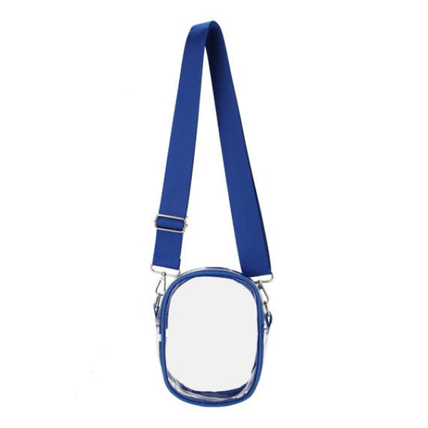 A small crossbody phone pouch with a blue strap and blue trim around a clear front pocket, shown against a plain white background.