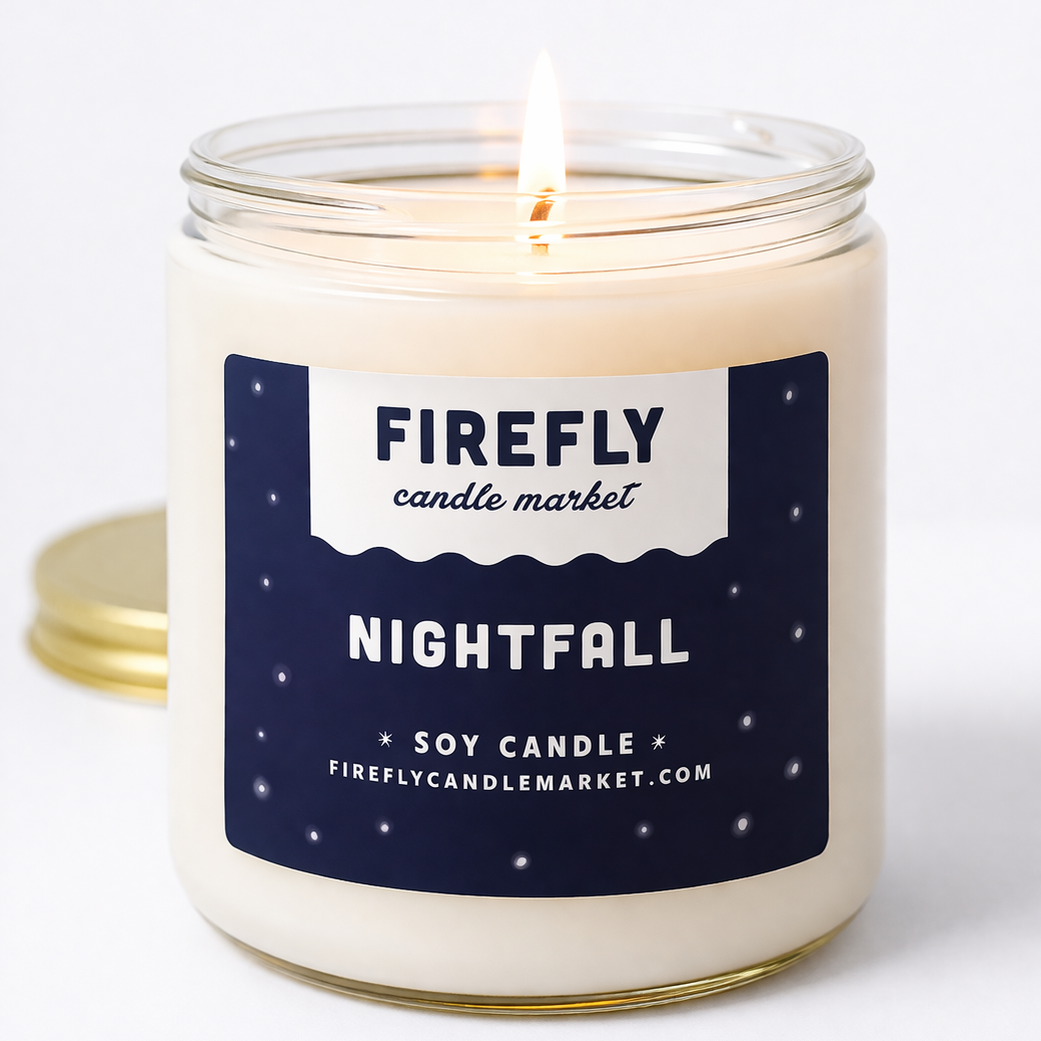 Candle with 'Firefly Candle Market' label on a white background