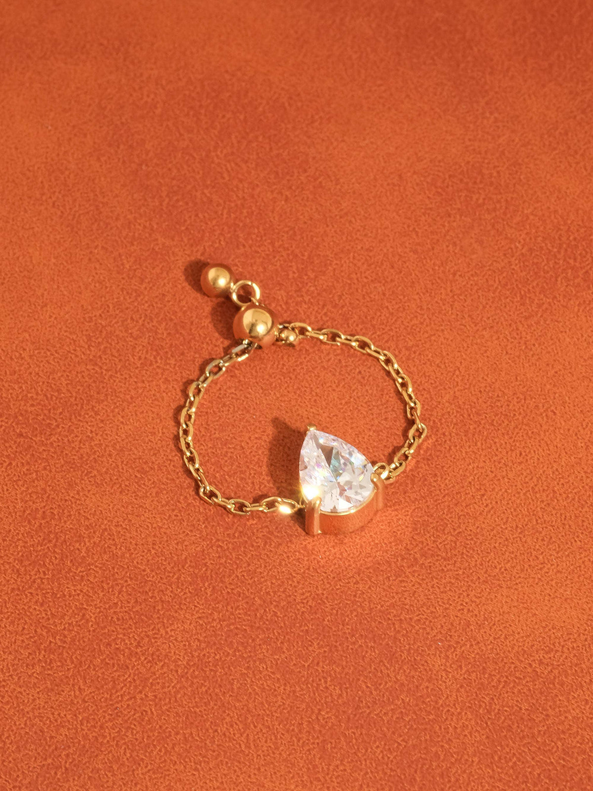 18K Gold Pear CZ Adjustable Chain Ring: Yellow Gold