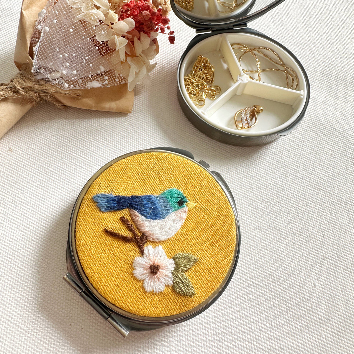 Floral Embroidered Round Jewelry Box With Mirror:  Bird