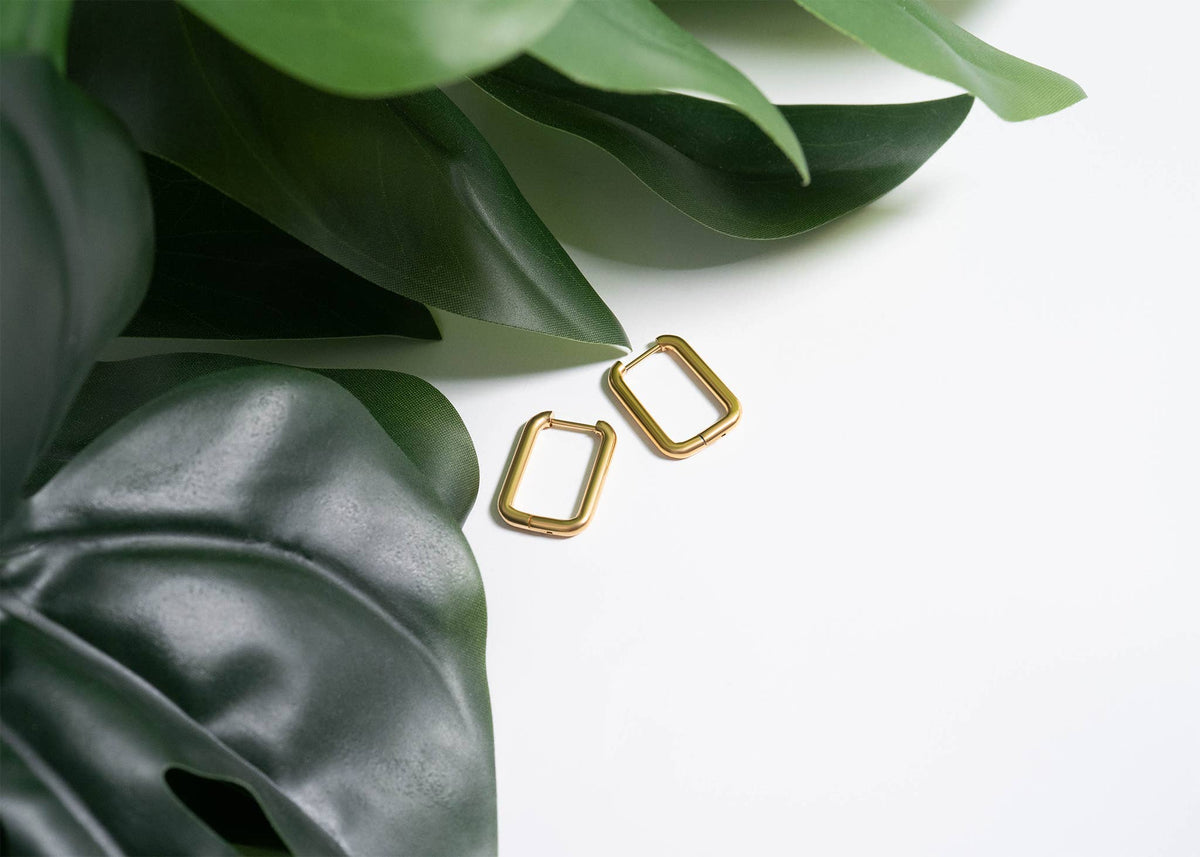 18K Gold PVD Rounded Rectangle Everyday Huggie Earrings: Stainless