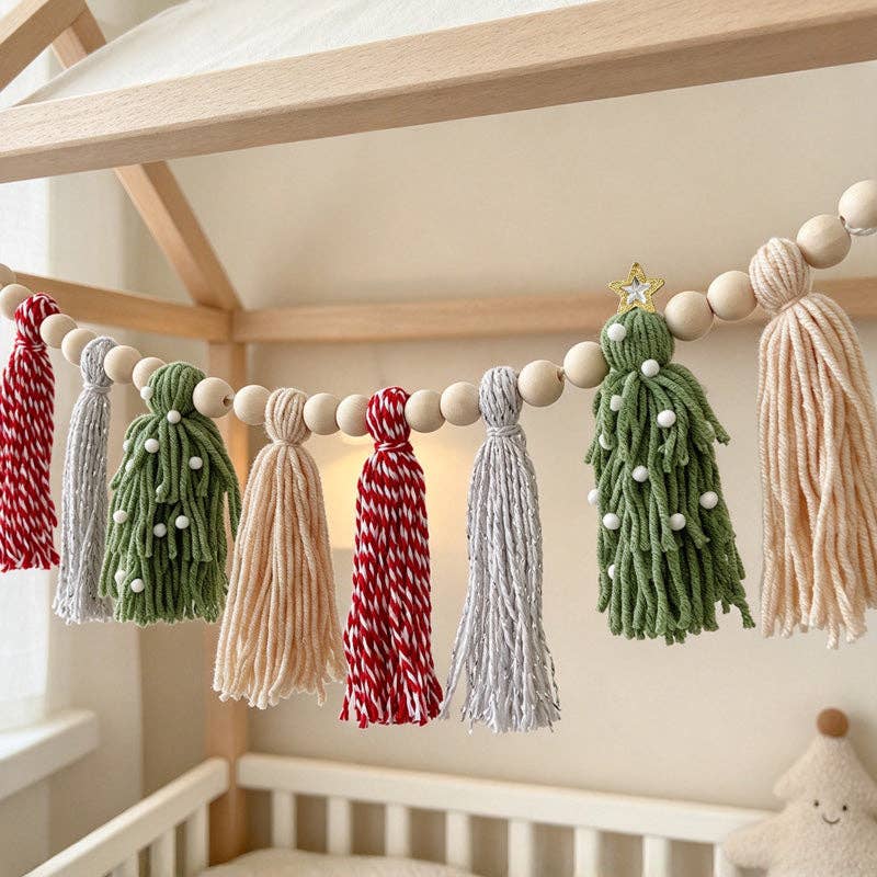 Christmas Tassel Garland - Beaded Cord and Tree-Shaped Accents - Traditional Colors