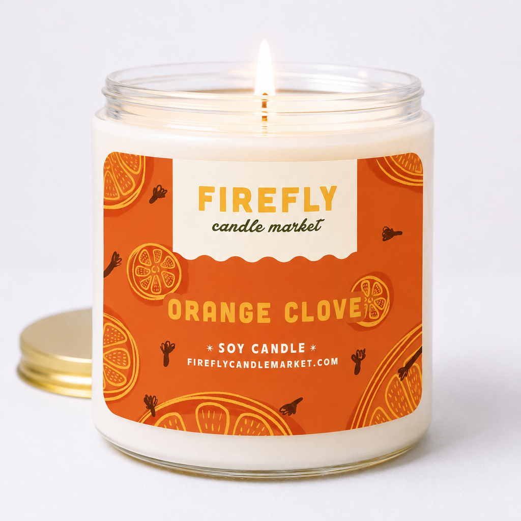 Firefly candle market candle with orange clove label on a white background