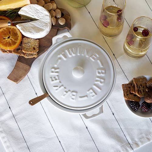 White Ceramic Brie Baker &amp; Lid w/ Acacia Spreader