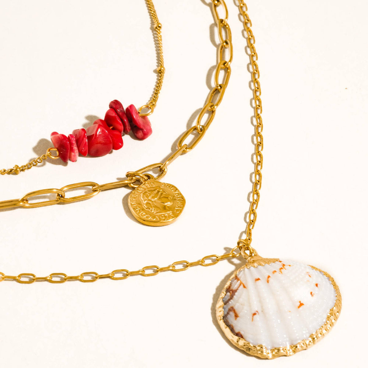 18K Gold Non-Tarnish Bobho Shell Layered Necklace: Multi-Colored