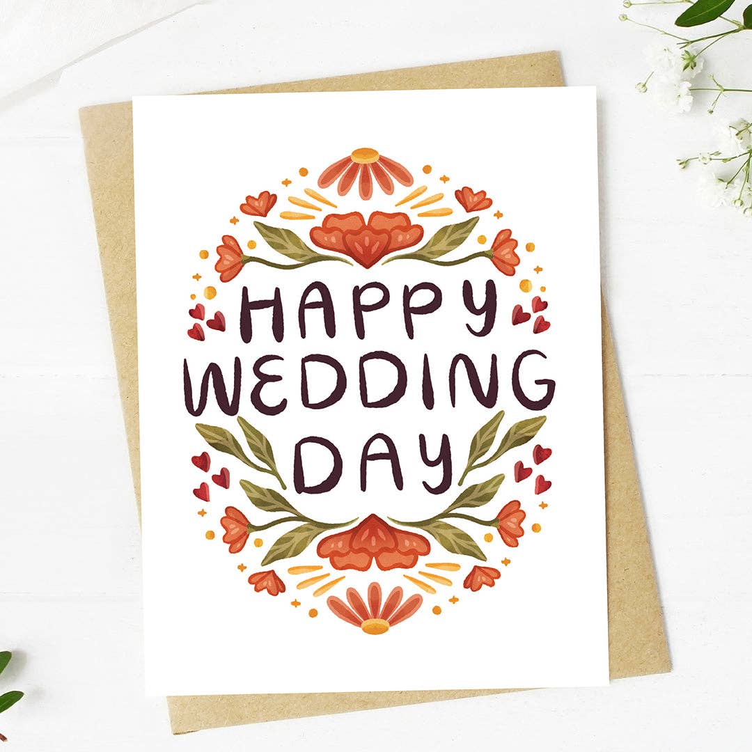 "Happy wedding day" Red Floral Pattern Card