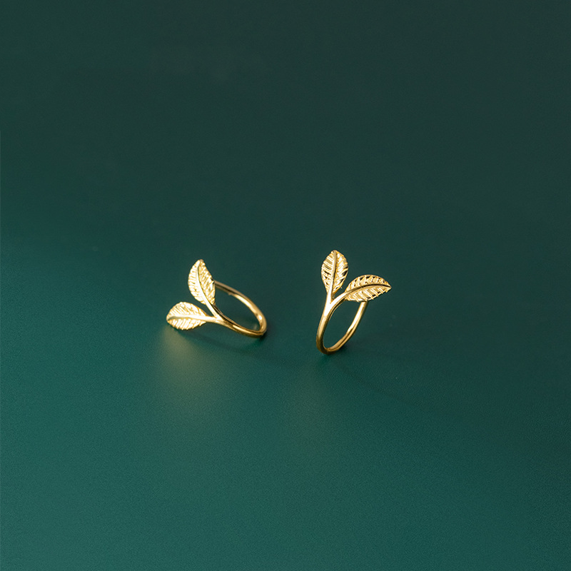 Tiny Leaf Branch Hook Hoop Earrings in 925 Sterling Silver: Gold