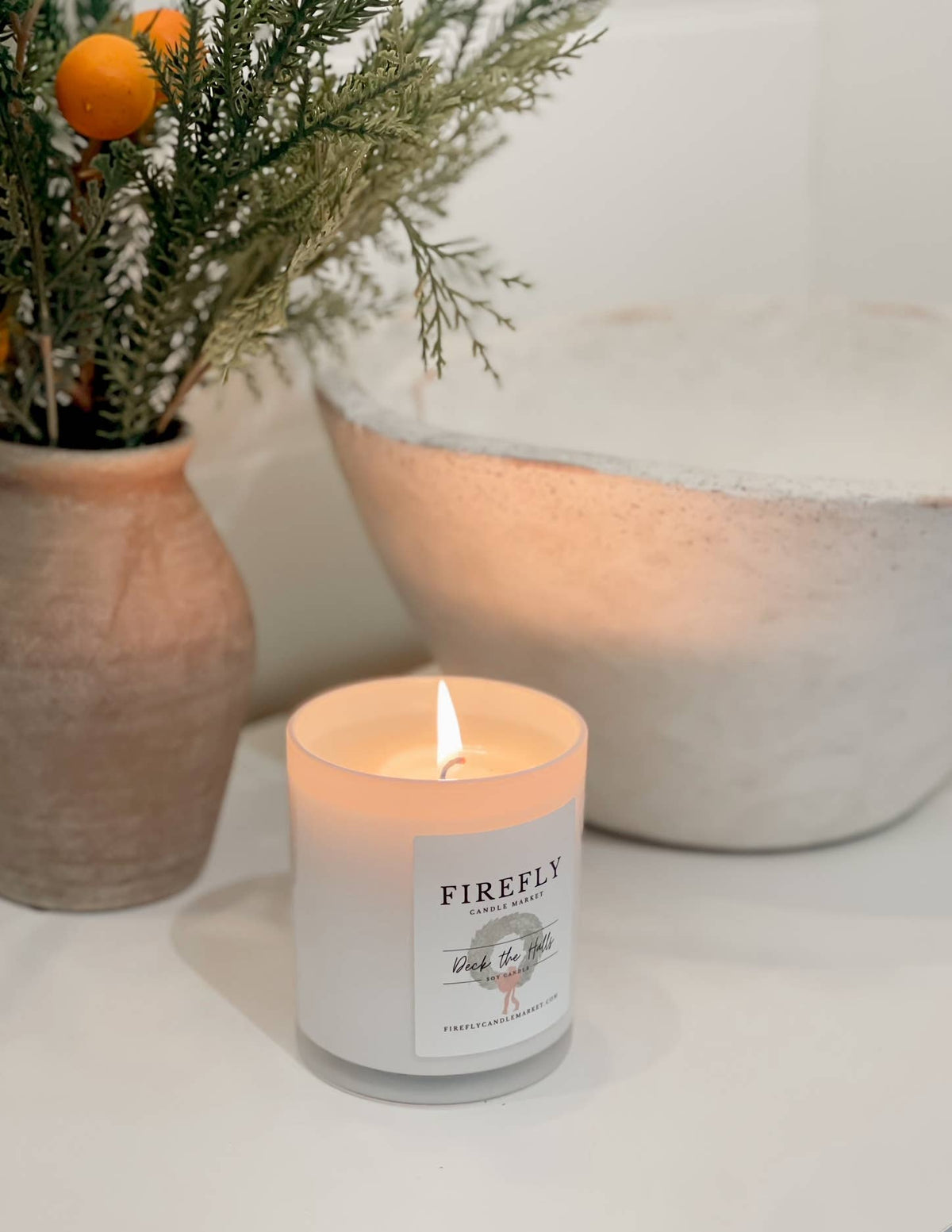 Firefly Candle Market - White Vessel Candle with Watercolor Label: Calm &amp; Cozy