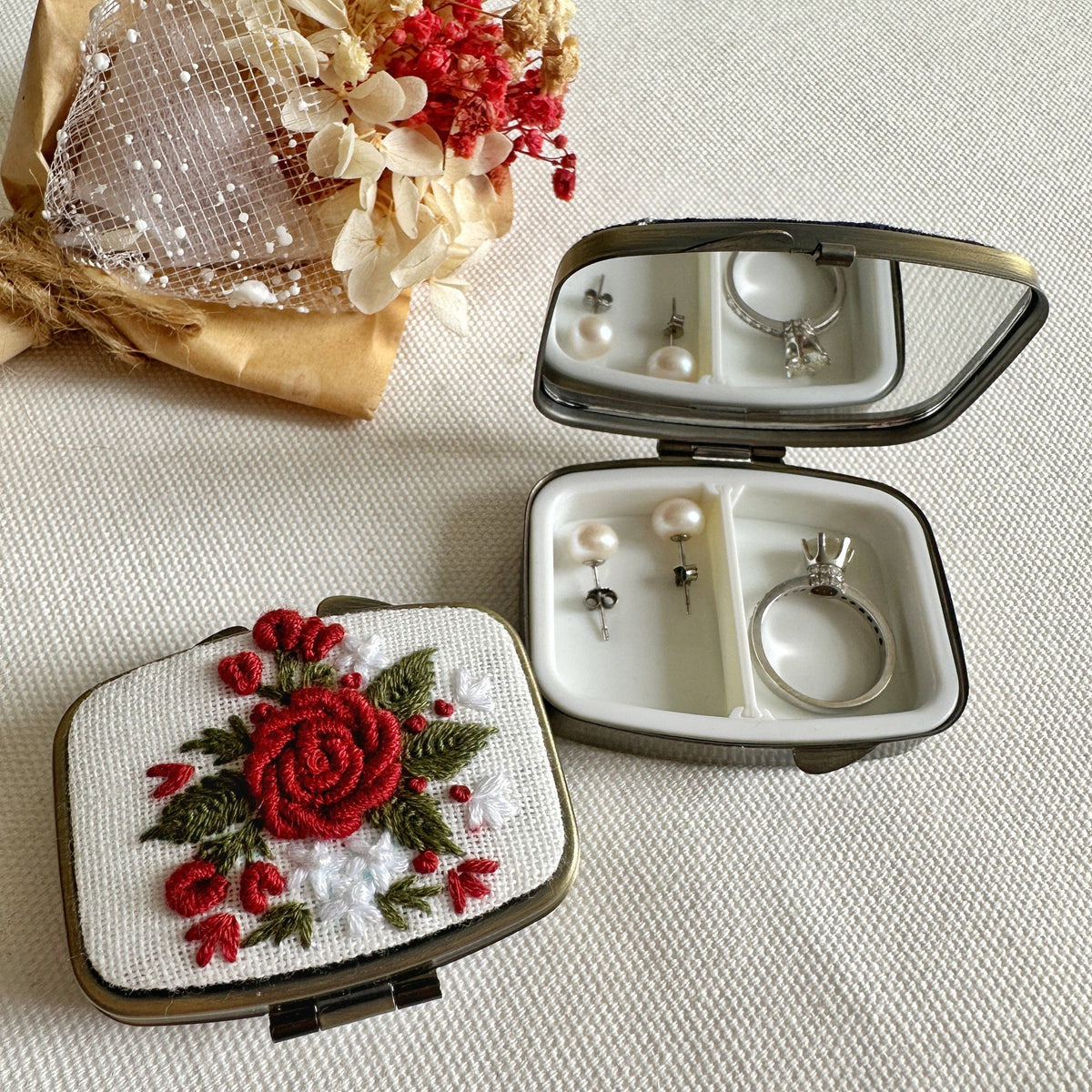 Floral Embroidered Rectangle Mini Jewelry Box With Mirror: Red Rose