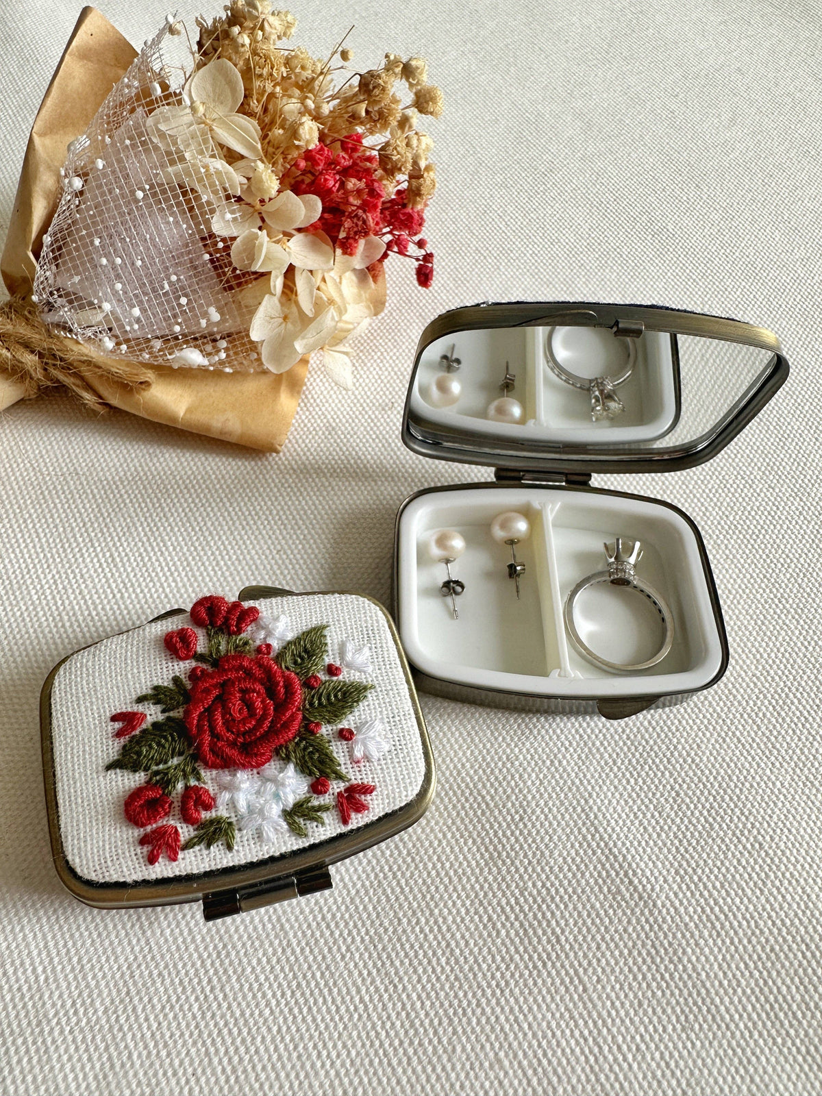 Floral Embroidered Rectangle Mini Jewelry Box With Mirror | Red Poppy