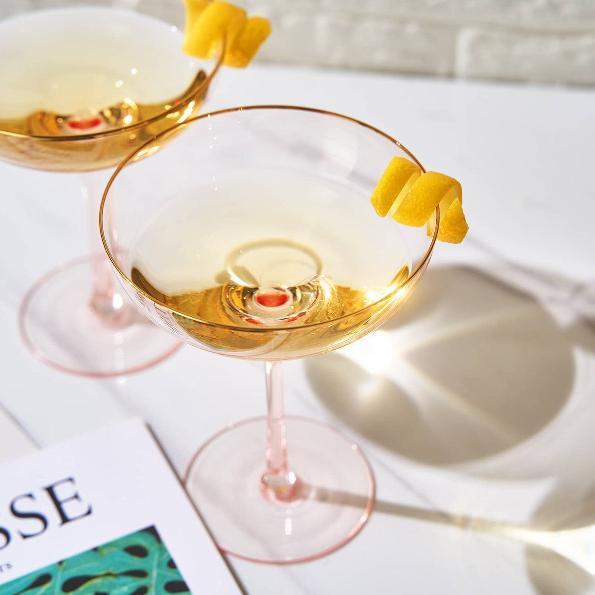 Gilded Pink Rim Coupe, Set of 2 Martini/Cocktail Glasses