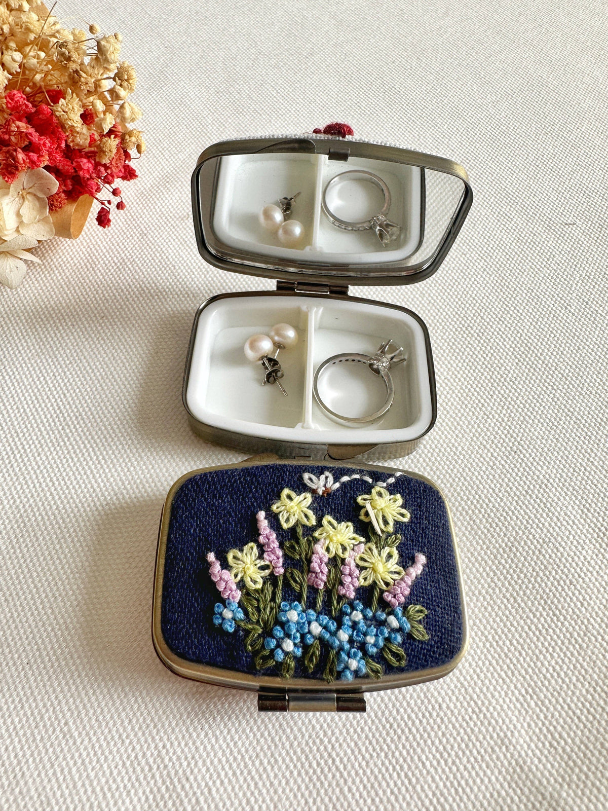 Floral Embroidered Rectangle Mini Jewelry Box With Mirror | Flower Garden
