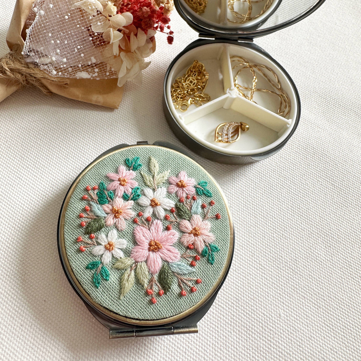 Floral Embroidered Round Jewelry Box With Mirror: Full Flowers