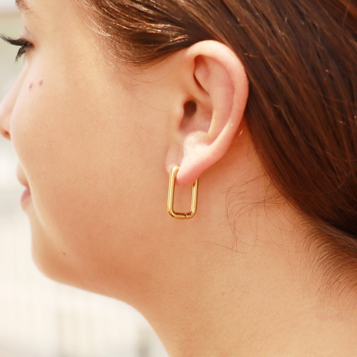 18K Gold PVD Rounded Rectangle Everyday Huggie Earrings: Stainless