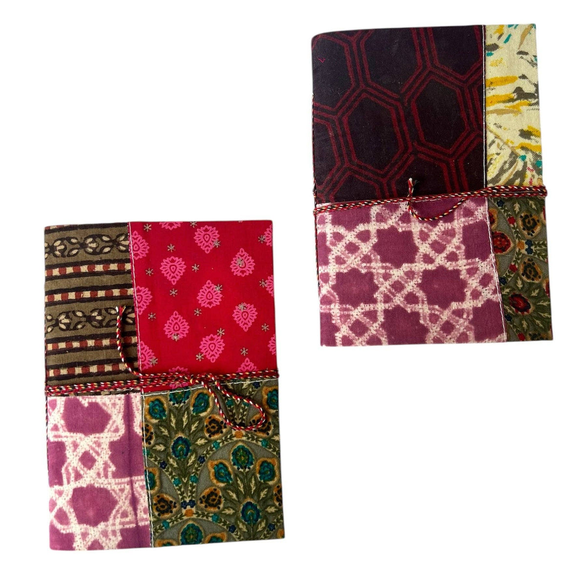 Set of colorful patchwork fabric pieces on a white background