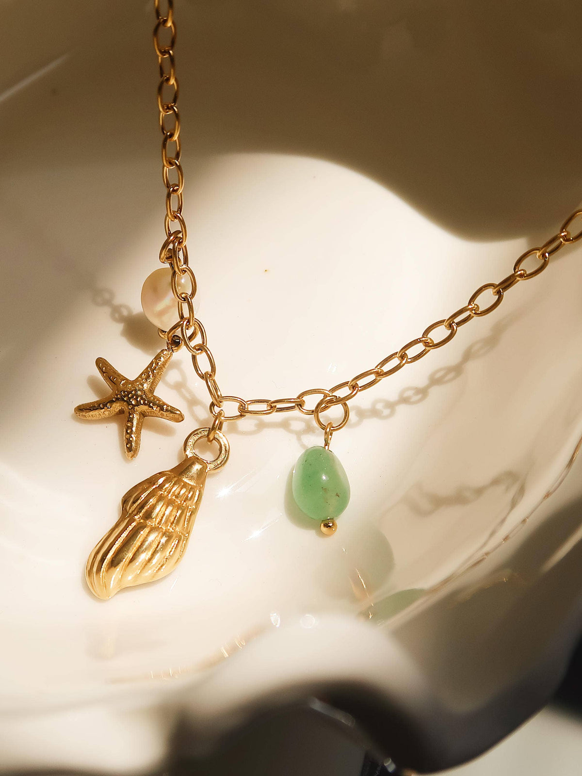 18K Gold Non-Tarnish Pearl and Shell Charm Necklace: Yellow Gold