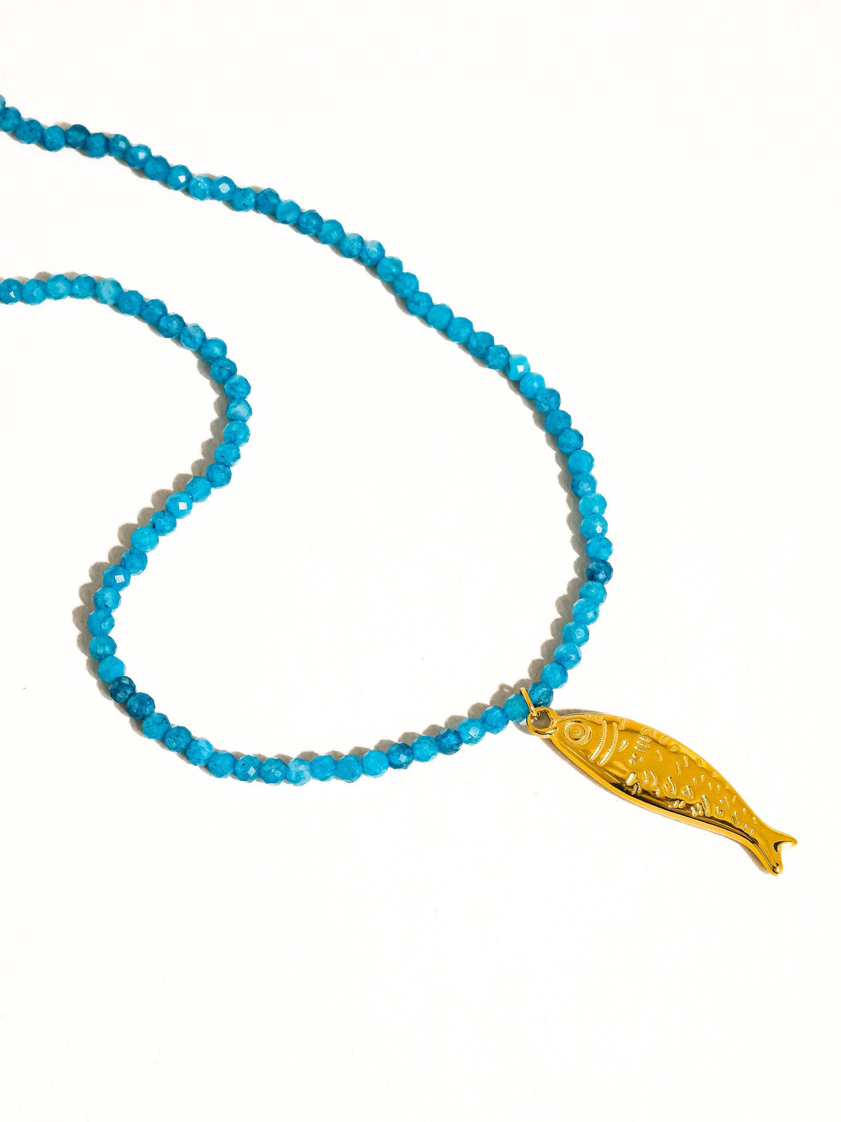 18K Gold Non-Tarnish Fish Beaded Necklace: Blue