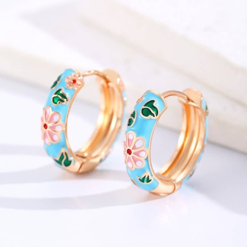 Cloisonne Enamel Floral Hoop Earrings, Blue