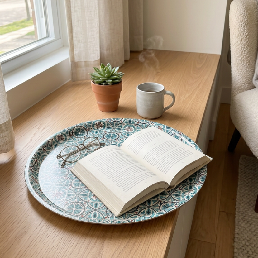 A round decorative tray with a blue and white floral pattern sits on a wooden windowsill in a cozy room setting. An open book and a pair of eyeglasses rest on the tray, alongside a small potted succulent and a gray ceramic mug.