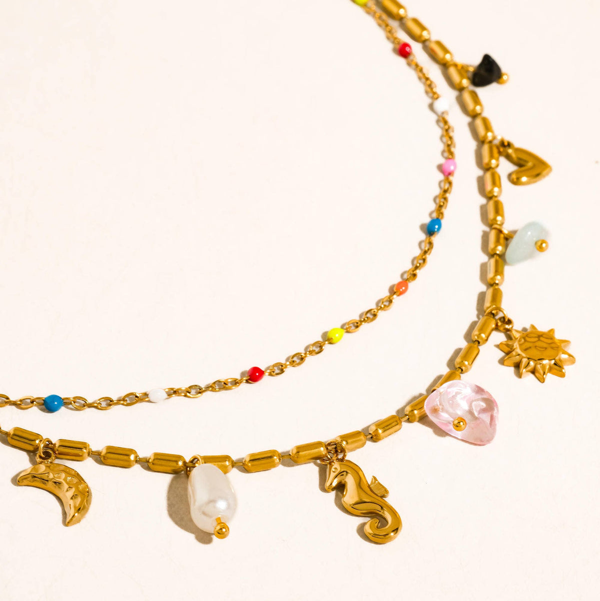 18K Gold Non-Tarnish Seahorse Charm Layered Necklace: Multi-Colored